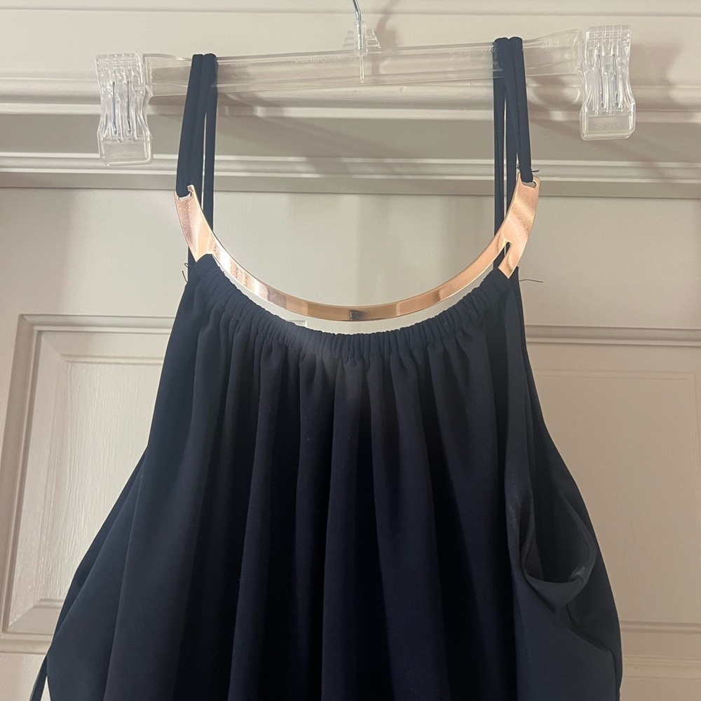 Emma and Michelle, navy sleeveless jumpsuit elastic waste, gold necklace, large - Picture 2 of 12